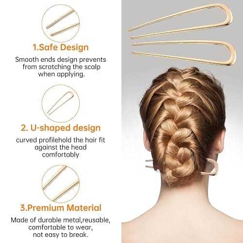 BEoffer French Hair Pin 3PCS Metal Hair Pins for Women Elegant French Twists, Buns and Updos with No Hair Damage, U-shaped French Pin Great Hold and Comfortable Keeps Hair in Place (Gold Black Silver) thumbnail 5