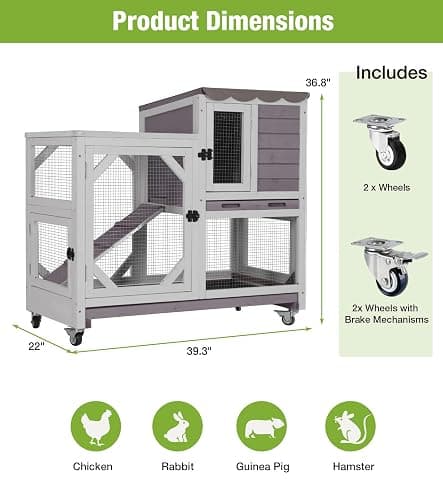GUTINNEEN Duplex Rabbit Hutch Indoor with Chew-Proof Frame & 2 Leak-Proof Sliding Trays, Rain Cover, Wooden Guinea Pig Cages with Wheels - Grey thumbnail 8