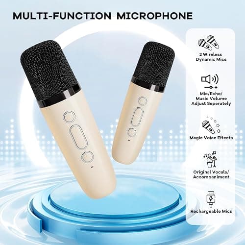 YLL Mini Karaoke Machine with 2 Wireless Microphones for Kids Adults, Portable Bluetooth Speaker Gift for Girls Toys 4, 5, 6, 7, 8, 10, 12+ Years Old Teens Birthday(Beige) thumbnail 3