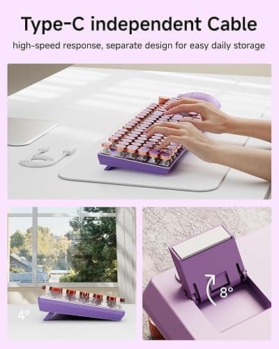 EWEADN Wired Typewriter Mechanical Keyboard, Low Noise Pink Switch Retro Punk Keyboard with Media Knob, White Backlit, Metal Panel, 104-Key Round Keycaps Cute Keyboard for Windows PC -Purple thumbnail 4