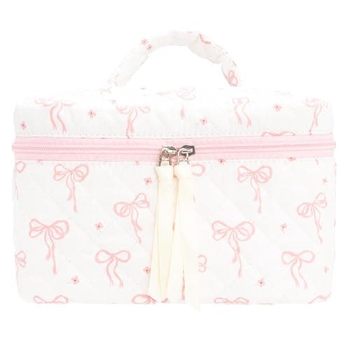 Quilted Makeup Bag Large Travel Zipper Soft Cosmetic Case for Women Girls Make Up,Bow Pink - Image 1