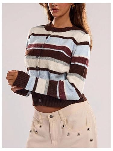 RoseSeek Women's Striped Color Block Cropped Cardigan Button Down Long Sleeve Old Money Sweaters thumbnail 4