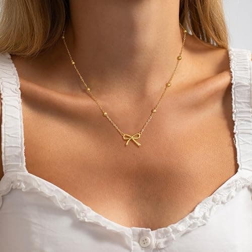 Thaivor Stocking Stuffers for Women Dainty Bow Necklace 14K Gold Plated Cute Choker Small Pendant Charm Necklaces Teen Gift Trendy Stuff Personalized Jewelry Christmas Gifts thumbnail 5