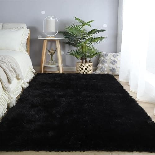 CAIYUECS Shag Area Rug,Indoor Ultra Soft Fluffy Plush Rugs for Bedroom Living Room, Non-Skid Modern Nursery Faux Fur Rugs for Kids Room Home Decor (5x7 Feet, Black) thumbnail 3