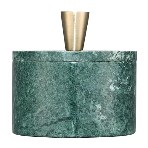 Queenza Green Marble Salt Cellar with Lid & Brass Knob - Natural Marble Spice Container for Kitchen Countertop, Gourmet Salt Holder, Small Decorative Storage Box, Gift for Home Chef - Image 1