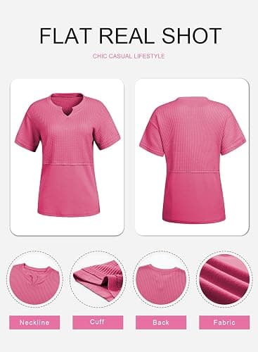SHEWIN Womens Casual V Neck Waffle Knit Tops Short Sleeve T Shirts Loose Blouses thumbnail 3