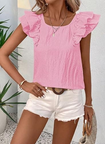 Falechay Womens Bow Tie Back Tops Round Neck Ruffle Short Sleeve Shirts Cute Babydoll Chiffon Tee Women Summer Trendy Tunic thumbnail 4