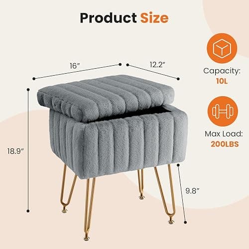 Sweetcrispy Vanity Stool Chair with Storage, 18.9”H x 16”L x 12.2”W Ottoman Chair Faux Fur Soft Padded Makeup Footstools Seat with 4 Metal Legs Anti-Slip Adjustable Feet for Make Up, Grey thumbnail 2