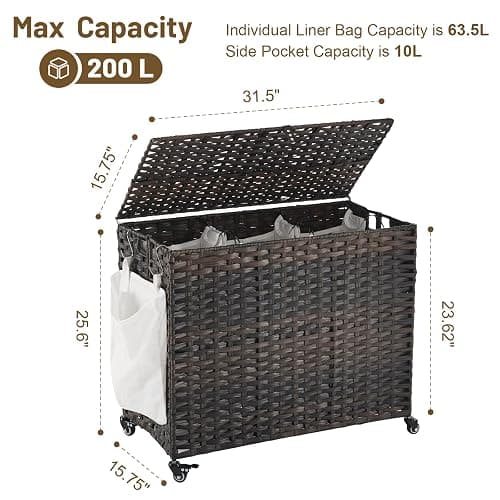 Laundry Hamper with Wheels, 52.8 Gallon(200L) Rolling Laundry Basket with Lid, 3-Section Rattan Clothes Hamper with 3 Removable Liner & 3 Mesh Bags, Laundry Sorter with Side Pocket, Brown thumbnail 3