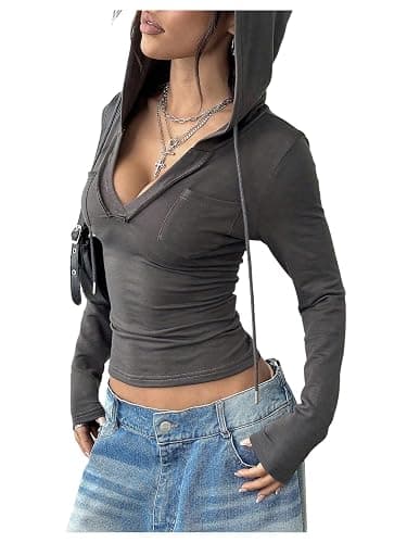 GORGLITTER Women's Long Sleeve Cropped Hoodies Long SLeeve V Neck Slim Fit Hooded Sweatshirt - Image 1