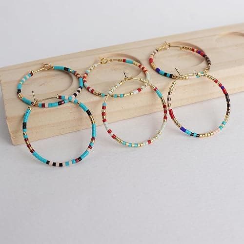 Sonatomber Handmade Boho Colorful Beaded Large Gold Hoop Earrings for Women, Bohemian Seed Beads Circle Hoops Cartilage Hypoallergenic Holiday Prom Jewelry Gift thumbnail 5