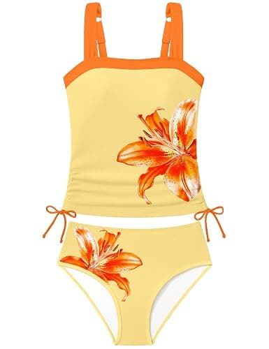 Queenstyle Teen Girls Tankini Swimsuit 2 Piece Bathing Suit Color-Block Drawstring Girls' Swimwear for 9-16 Years - Image 1