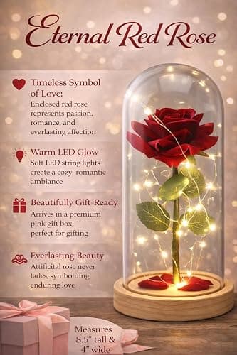 Eternal Red Rose in Glass Dome with LED Lights – Light Up Artificial Rose Décor – Romantic Gift for Women with Gift Box for Anniversary, Birthday, Valentine’s Day, or Holiday Season thumbnail 3