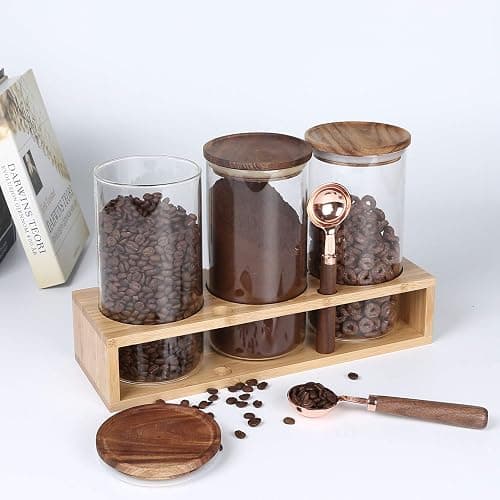 KKC HOME ACCENTS Sealed Glass Food Storage Containers with Airtight Wood Lids and Scoops for Kitchen Counter,Air Tight Sealed Glass Jars for Coffee,Loose Leaf Tea,Brown Sugar,39 Fluid Ounces thumbnail 2