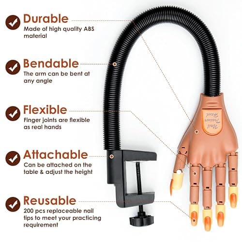 Acrylic Nails Flexible Practice Fake Hand, BORNBYME Nail Training Adjustable Finger Kits, Fake Nails Hands for Nail Beginner Practice with 200 PCS Nail Tips thumbnail 5