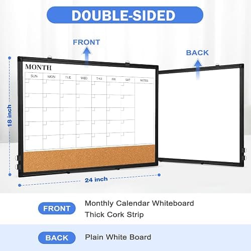 Monthly Calendar Whiteboard Dry Erase Cork Board Combo, 24" x 18" Magnetic Double-Sided Calendar White Board and Bulletin Board with Black Aluminium Frame, Portable Whiteboard for Office, Home, School thumbnail 3
