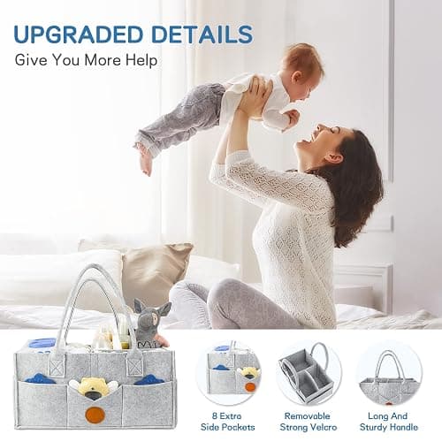 Maliton Diaper Caddy Organizer - Diaper Caddy for Baby Nursery Storage, Felt Diaper Organizer for Baby Stuff with Handle, 15" x 9" x 7" Portable Baby Basket Boy Girl Changing Table Organizer (Grey) thumbnail 5