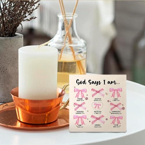 Nrleey Coquette Bow Wooden Sign - Coquette Room Decor, Pink God Says I Am Wooden Box Signs, Preppy Coquette Bow Bible Verse Decor, Inspirational Christian Gifts for Women, 5 X 5 Inches thumbnail 2