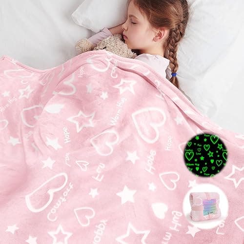 Goodhipi Glow in The Dark Heart Stars Blanket, Gifts for Girls Women Mom,Soft Warm Cozy Pink Blanket for Girls,Easter Gifts for Kids Birthday Gifts Presents Kids 3-12 Age,50"x 60" - Image 1