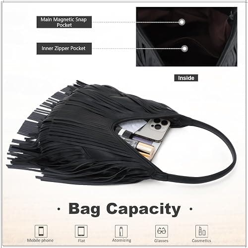 LUI SUI Fringe Hobo Purses for Women Vintage Black Fringe Shoulder Bag Western Tassel Handbags thumbnail 6
