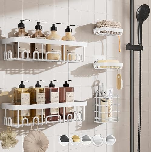 Veken Adhesive Shower Caddy 5-Pack,Heavy Weight Bearing,Large Wall Mounted Shower Shelves Rack,Organizer Storage Accessories with Soap Dish&Toothbrush Holder,Ideal for Bathroom,Home&Kitchen,White - Image 1