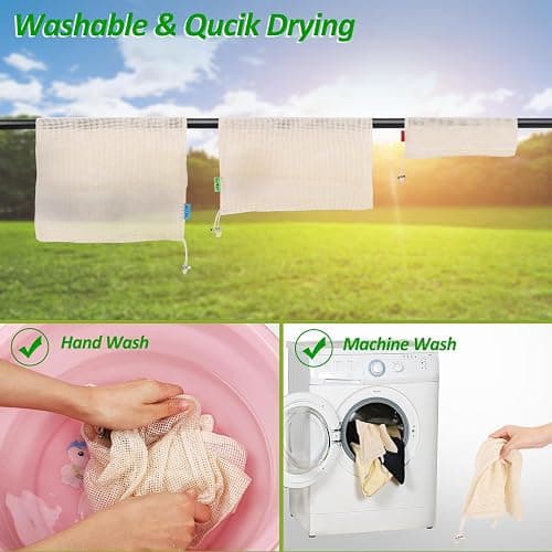 Reusable-Cotton-Mesh-Produce-shopping-Bags-Washable Eco Friendly Premium See Through Lightweight Net zero Bulk Bags for Veggie Fruit Vegetable Grocery Storage (9 Packs) thumbnail 7