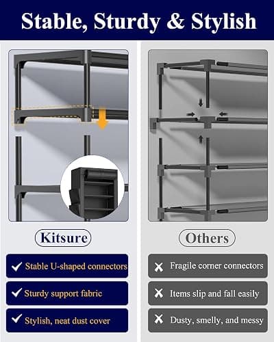 Kitsure Shoe Rack - 10-Tier Large Capacity Shoe Organizer Shelf with Dust Cover & Side Pockets, Rust-Proof Metal Shoe Rack for Closet, Entrance, Living Room, 17.5" x 12.4" x 69.3", Black thumbnail 6