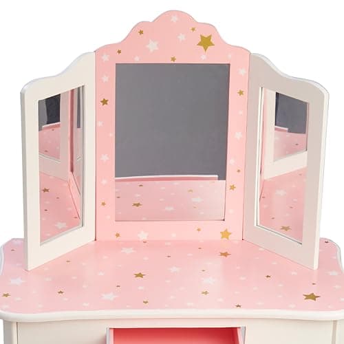 Teamson Kids Princess Gisele Twinkle Star Print 2-Piece Kids Wooden Play Vanity Set with Vanity Table, Tri-Fold Mirror, Storage Drawer, and Matching Stool, White with Pink and Gold Star Accent thumbnail 9