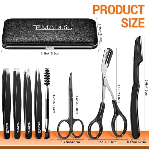 TsMADDTs Tweezers for Men, 8 in 1 Professional Eyebrow Tweezers Kit with Eyebrow Trimmer & Scissors, Razor, Brush, Skin Care Tools thumbnail 2