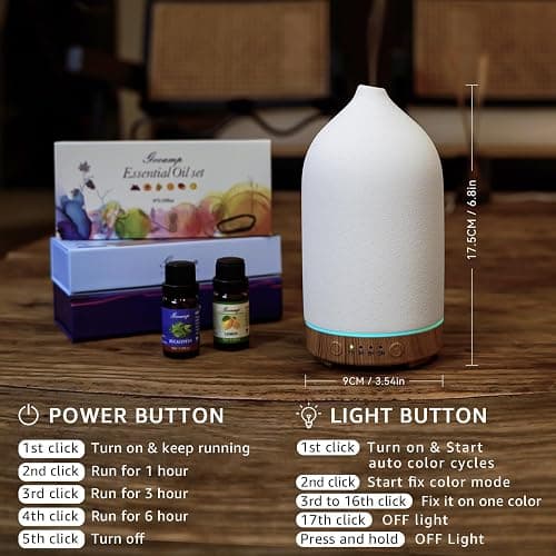 Gooamp 200ML Ceramic Essential Oil Diffuser - Ultrasonic Aromatherapy & Humidifier with 7-Color LED Lights, Auto Shut-Off, Wood Grain Base, 1H/3H/6H Timer | Scent for Home, Office, Yoga thumbnail 6