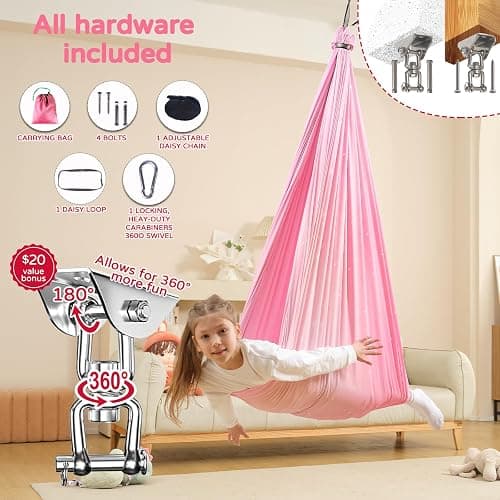 WUBOTIYU Sensory Swing for Kids Indoor & Outdoor Double Layer Therapy Cuddle Hammock Chair with 360° Swivel Hanger Kit Adjustable Child and Adult Aspergers Autism ADHD (Pink) (WUBOTIYU010) thumbnail 6