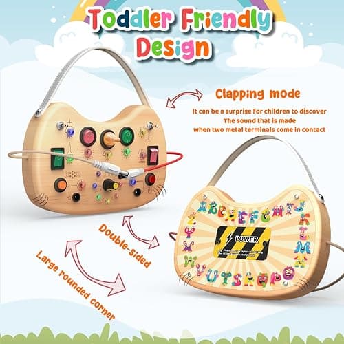 Montessori Toddler Busy Board Sensory Toys for Toddlers Wooden Autism Sensory Toy, Toddler Switch Board with 17 LED Lights for Kids 1-6 Year Olds to Develop Fine Motor Skills. thumbnail 4