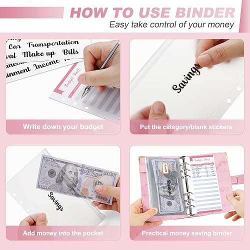 Onlyesh Budget Binder, Cash Envelopes for Budgeting, Money Organizer for Cash, 28Pcs Budget Binder with Cash Envelopes, Marble 6-Ring Money Saving Binder(Pink) thumbnail 6