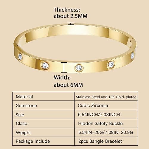 Kenizum 2Pcs 18K Gold-Plated Love Bangle Bracelets set for Women, Stainless Steel Cubic Zirconia Bangle Crystal Friendship Jewelry, Easter Wedding Birthday Gifts for Girlfriend, Wife, Monther thumbnail 6