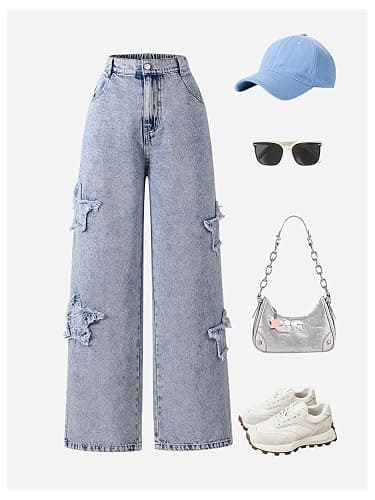 WDIRARA Girl's Bowknot Print Washed Jean Elastic Waist Denim Pants Straight Leg Trousers with Pockets thumbnail 3