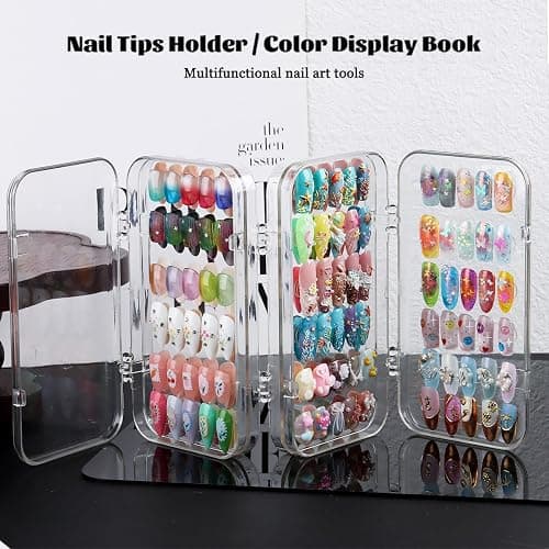 Fcozpjk Press On Nail Organizer Case, Tri-Fold Clear Acrylic Empty Press On Nail Storage Box Packaging Fake Tips Holder Color Display Stand Book Showing Shelves with 30PCS Double Sided Adhesive Tapes thumbnail 5