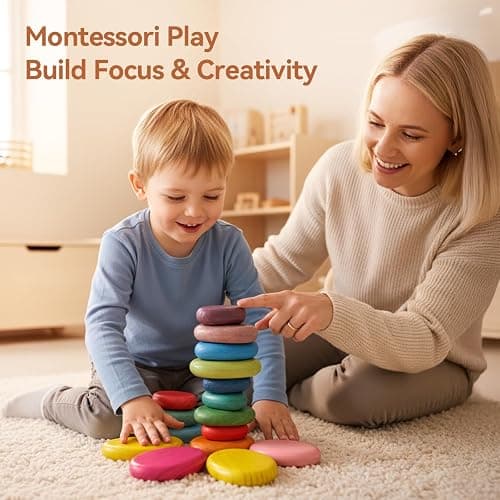 OESSUF Extra-Large Stacking Rocks for Toddlers 1-3, 16 PCS Wooden Montessori Toys, Safe Smooth Jumbo Balancing Stones for Open-Ended Sensory Play, STEM Building Blocks for Boys & Girls thumbnail 5