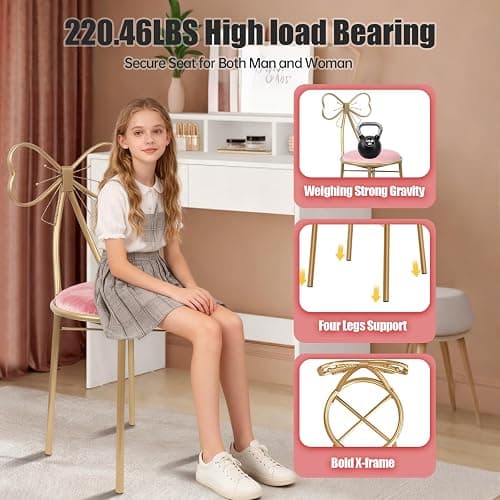 YCWSPEMR Velvet Butterfly Chair, Light Pink with Gold Metal Frame Soft Sponge Cushion, Elegant Bow Backrest, Modern Design, for Bedroom, Dining Room, & Lounge thumbnail 3