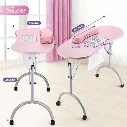 Faquenc Manicure Table with Nail Dust Collector, Portable Nail Table Rolling Nail Desk Nail Tech Travel Nail Station Foldable Professional Nail Salon Table with Cacuum,Arm Rest,Lockable Wheel,Bag,Pink thumbnail 6