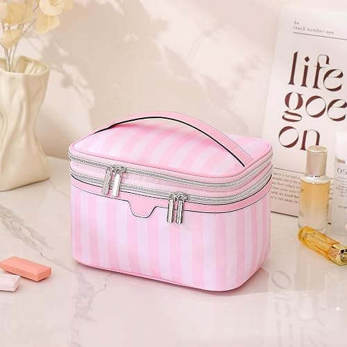 Lestikave Cute Pink & White Large Capacity Stripe Makeup Case with Compartments,Nylon Travel Essentials Coquette Cosmetic Bag, Toiletry Brush Bag With Handle and Divider for Women Girls (02Top Open) thumbnail 2