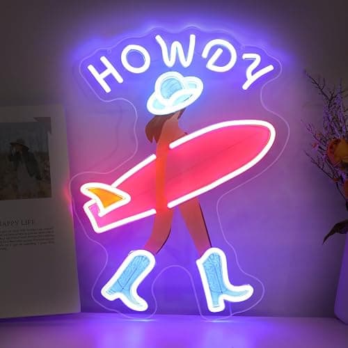 Howdy and Aloha Cowgirl Surf Girl Neon Sign, Howdy Cowgirl wall decor LED Light, Girly Wall Art Neon Sign, Coastal Cowgirl Brown Haired, 11.9"x16.5" - Image 1