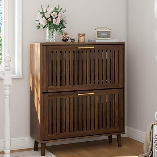 Smart FENDEE Schuhschrank Bauernhausstil, schmaler freistehender Schuh-Organizer mit 2 klappbaren Latten-Schubladen (Slatted), goldene Griffe, versteckter Eingangsbereich für Flur, Walnuss 80B cm thumbnail 2