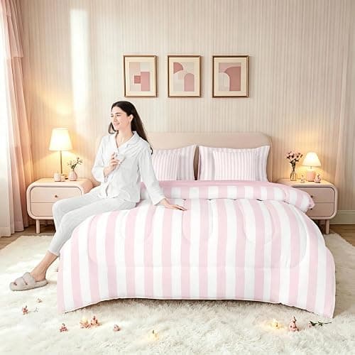 Feelyou White Pink Striped Comforter Set with Sheets 7 Piece Twin Size Striped Bed in a Bag Kids Boys Girls Bedding Set Basic Simple Bedroom Decor Breathable Soft Lightweight Microfiber thumbnail 7