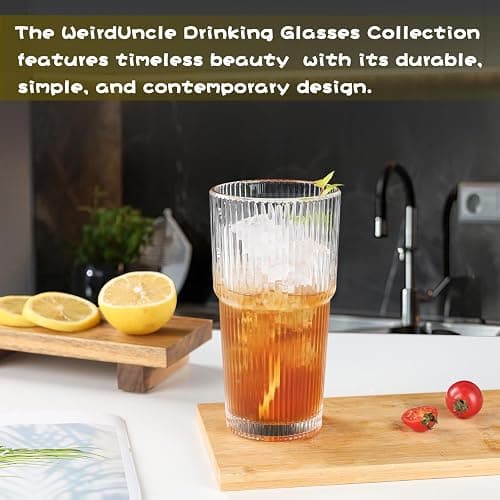 WeirdUncle Set of 6 Oversize Ribbed Glassware, 20oz Vintage Clear Glass Tumbler, Large capacity, Origami Style, Fluted Design, Ideal for Water, Iced Coffee, Beer, Tea, Latte, Housewarming Gift (Large) thumbnail 9
