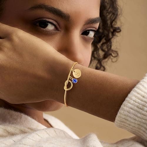 Valentine's Day Gift Initial Birthstone Gold Bracelets for Women Bridesmaid Proposal Gift Tie the Love Knot Cuff Bangle Bracelet 14K Gold Plated Adjustable Birthstone Bracelets Personalized Charm Birthday Gift thumbnail 3