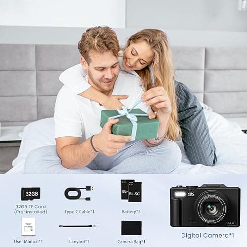 4K Digital Camera for Photography, 64MP Vlogging Camera for YouTube with 3" 180°Flip Screen, 18X Digital Zoom HD Autofocus Compact Camera with WiFi,Flash,32GB TF Card & 2 Batteries(Black) thumbnail 8
