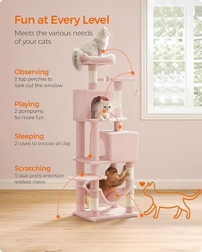 Feandrea Cat Tree, 59.5-Inch Tall Cat Tower, Plush Multi-Level Condo with 5 Scratching Posts, 2 Perches, 2 Caves, Hammock, 2 Pompoms, Jelly Pink UPCT192P01 thumbnail 4