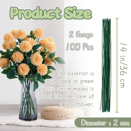 100 Pcs Floral Stems Wire for Paper Flower,14 Inch 2 Gauge Dark Green Floral Stem Wire,Crafting Floral Stem for Flower Arrangements DIY,Bouquet Stem Wrapping and Crafts thumbnail 2