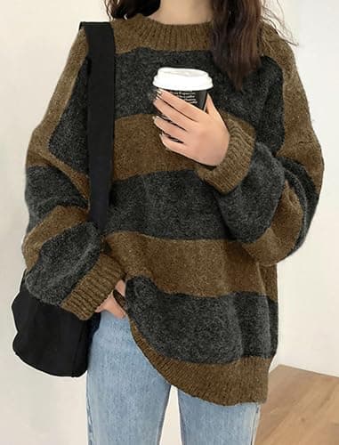 EMMIOL Women's Oversized Striped Sweaters 2026 Spring Trendy Long Sleeve Knit Outfits Crewneck Fashion Pullover Tops thumbnail 2