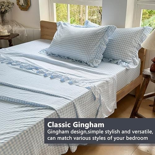 NSNLGSGC Light Blue Gingham Ruffle Queen Sheet Set | Soft Pre-Washed Microfiber, Plaid, 4-Pieces, Farmhouse, Deep Pocket thumbnail 3